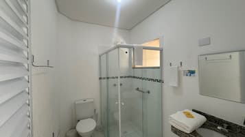 A bathroom with a glass shower enclosure, a toilet, a sink with a granite countertop, and a mirror.
