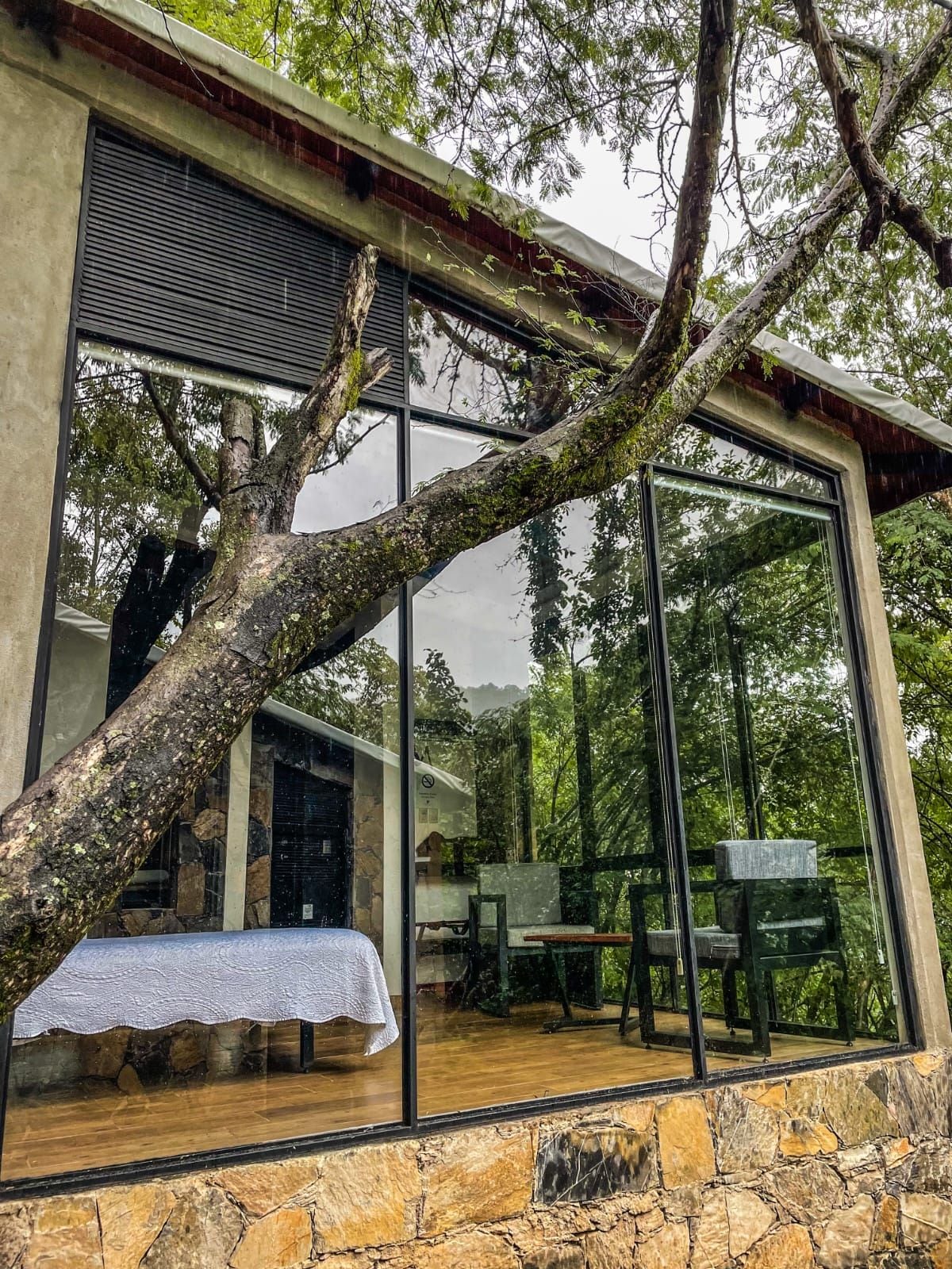 Un edificio moderno con amplios ventanales de vidrio, base de piedra y terraza de madera con mobiliario exterior.