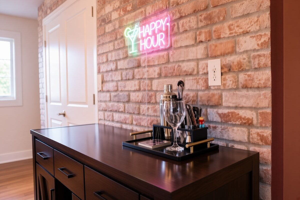 A kitchen counter with a neon sign, a wine glass, and a bottle.