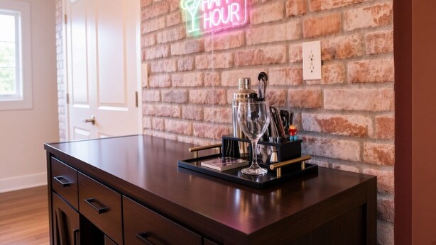 A kitchen counter with a neon sign, a wine glass, and a bottle. - Gatlinburg Condo: Sauna, Arcade, Spa, Incredible (Gatlinburg)