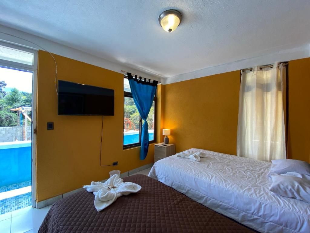 A hotel room with a bed, a TV mounted on the wall, a window with curtains, and a bedside table with a lamp.