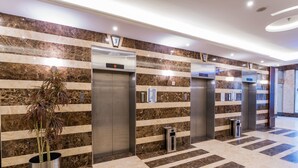 Un vestíbulo de ascensor moderno con paredes de mármol y una planta en maceta.