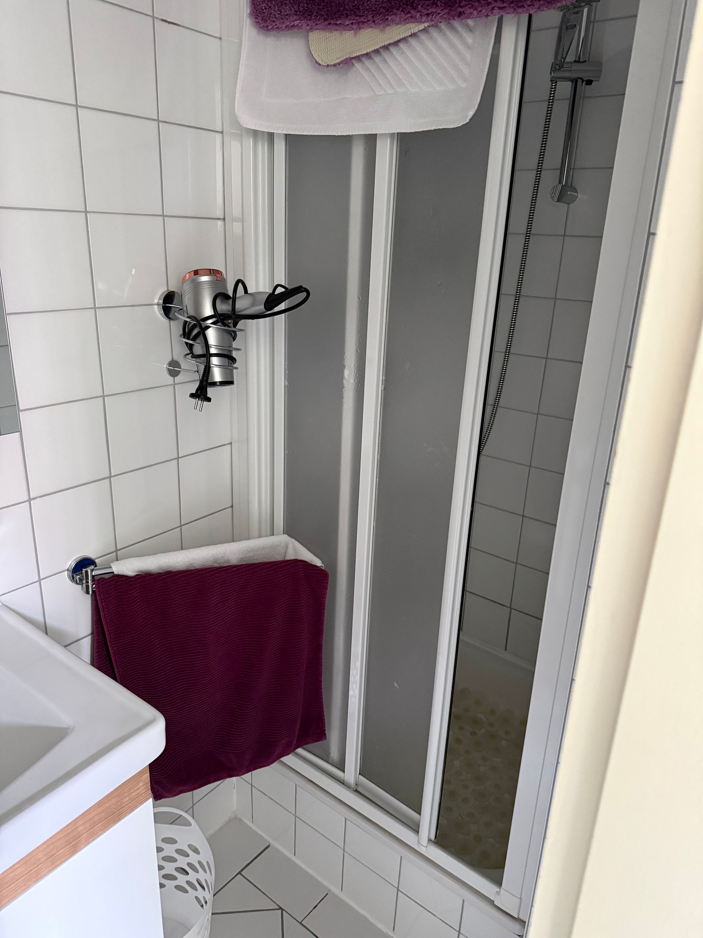 Ein Badezimmer mit Dusche, Handtuchhalter und Toilette.
