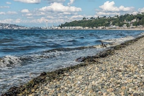 A pebble beach with waves, a distant cityscape, and a clear sky. - Walkable 2BR Dog Friendly - Fireplace (Seattle)