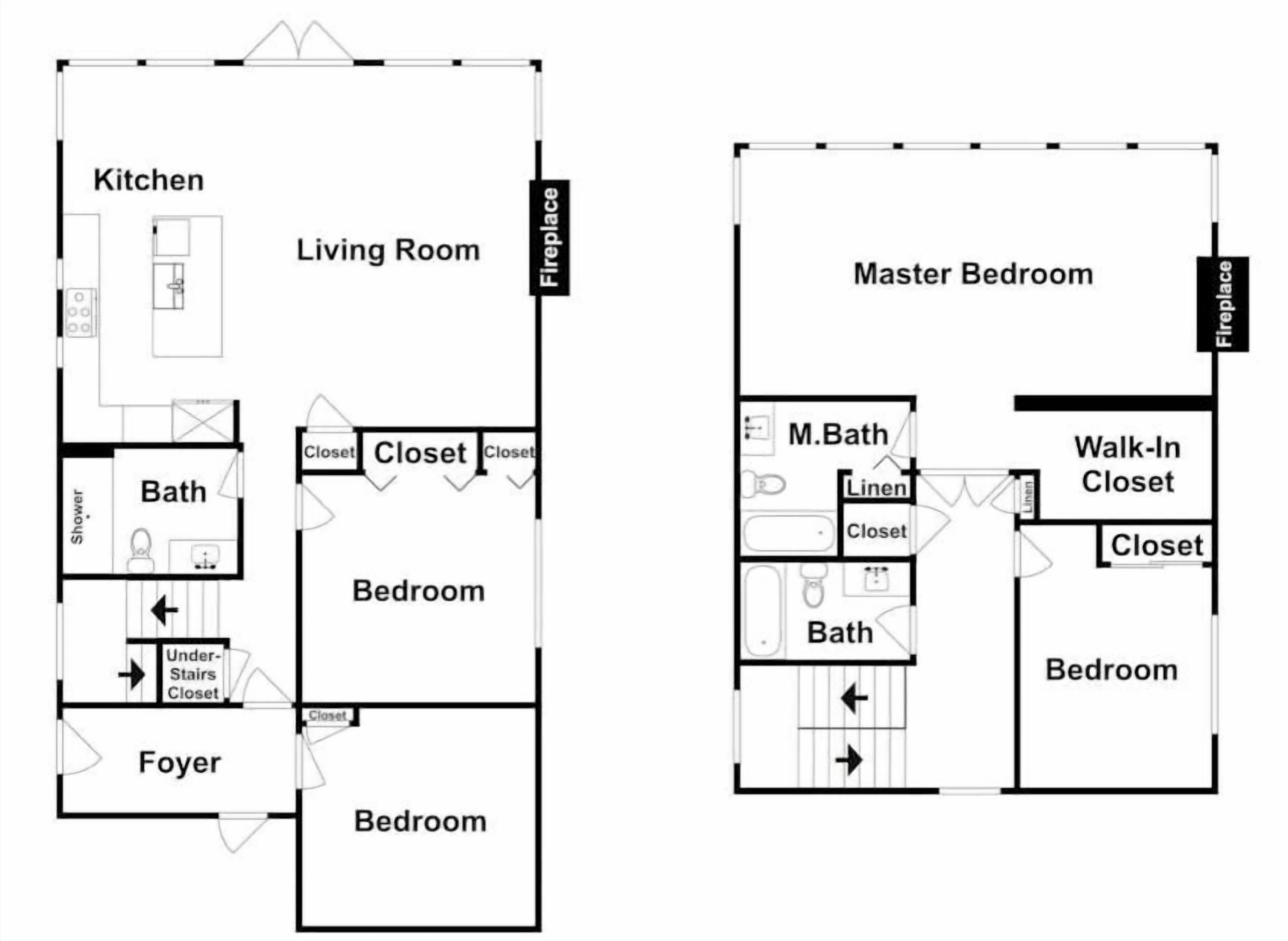En planritning över ett hus med kök, vardagsrum, sovrum, två badrum och en entréhall.