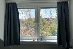 Una finestra amb dues cortines, vista d'arbres i cases, i tres petites plantes en testos al davant de la finestra.