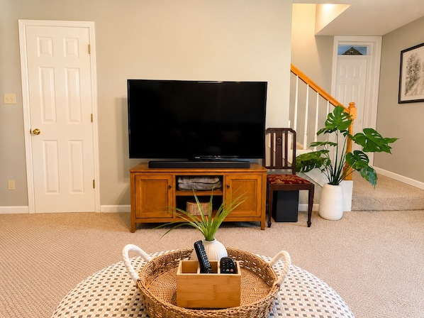 Una sala de estar con un televisor sobre un mueble de madera, una planta en maceta y una cesta con controles remotos.