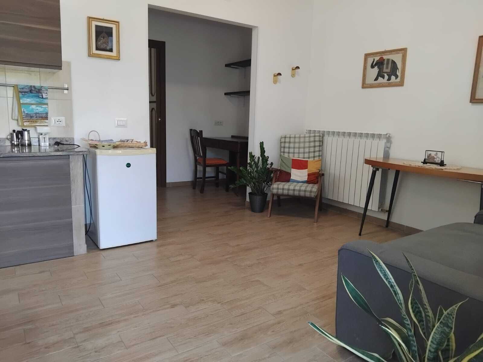 Un soggiorno con divano, tavolo da pranzo, angolo cottura e una pianta in vaso.