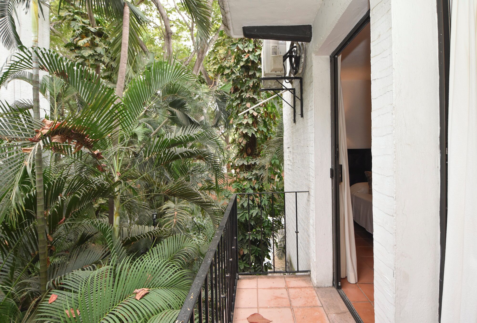 A covered outdoor area with a metal railing, surrounded by dense tropical foliage.