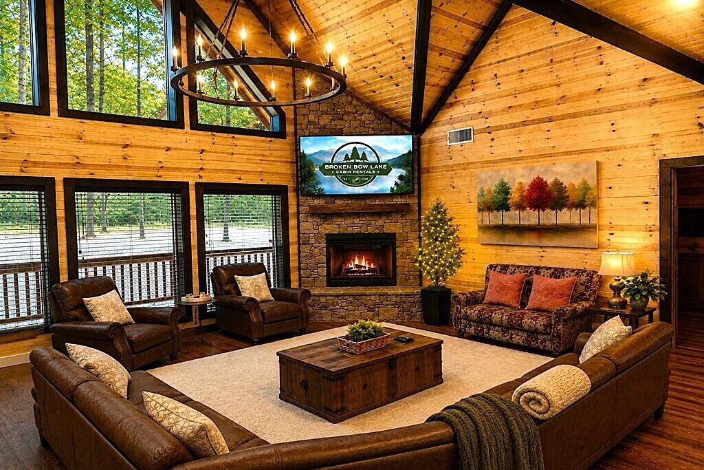 A cabin interior with a fireplace, leather sofas, a coffee table, and a television displaying 'Broken Bow Lake Cabin Rentals'.