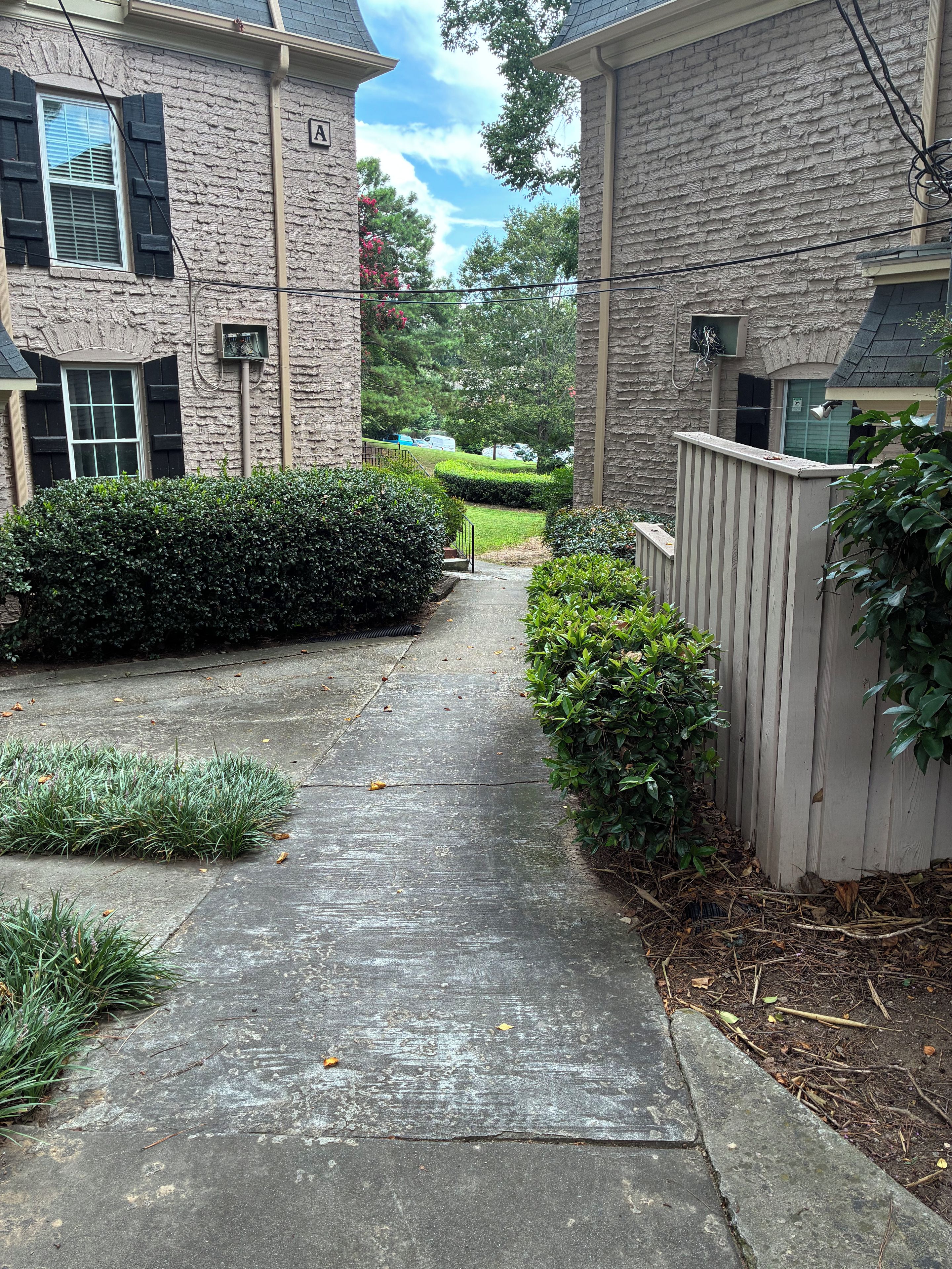 A residential driveway leading to a house with a stone facade, a wooden fence, and a well-maintained lawn.
