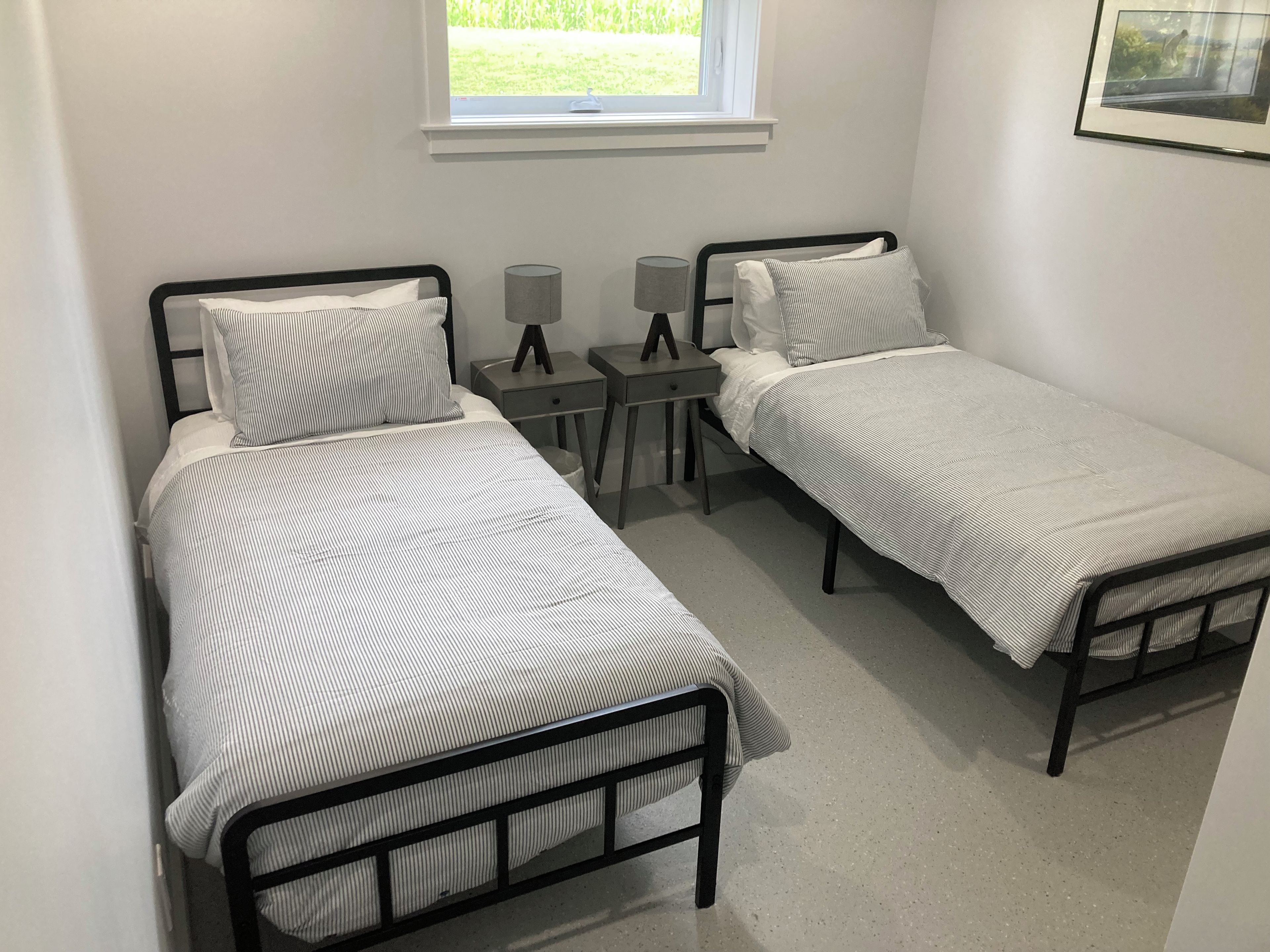 Une chambre avec deux lits simples, une table de chevet avec des lampes et une fenêtre donnant sur un paysage verdoyant.