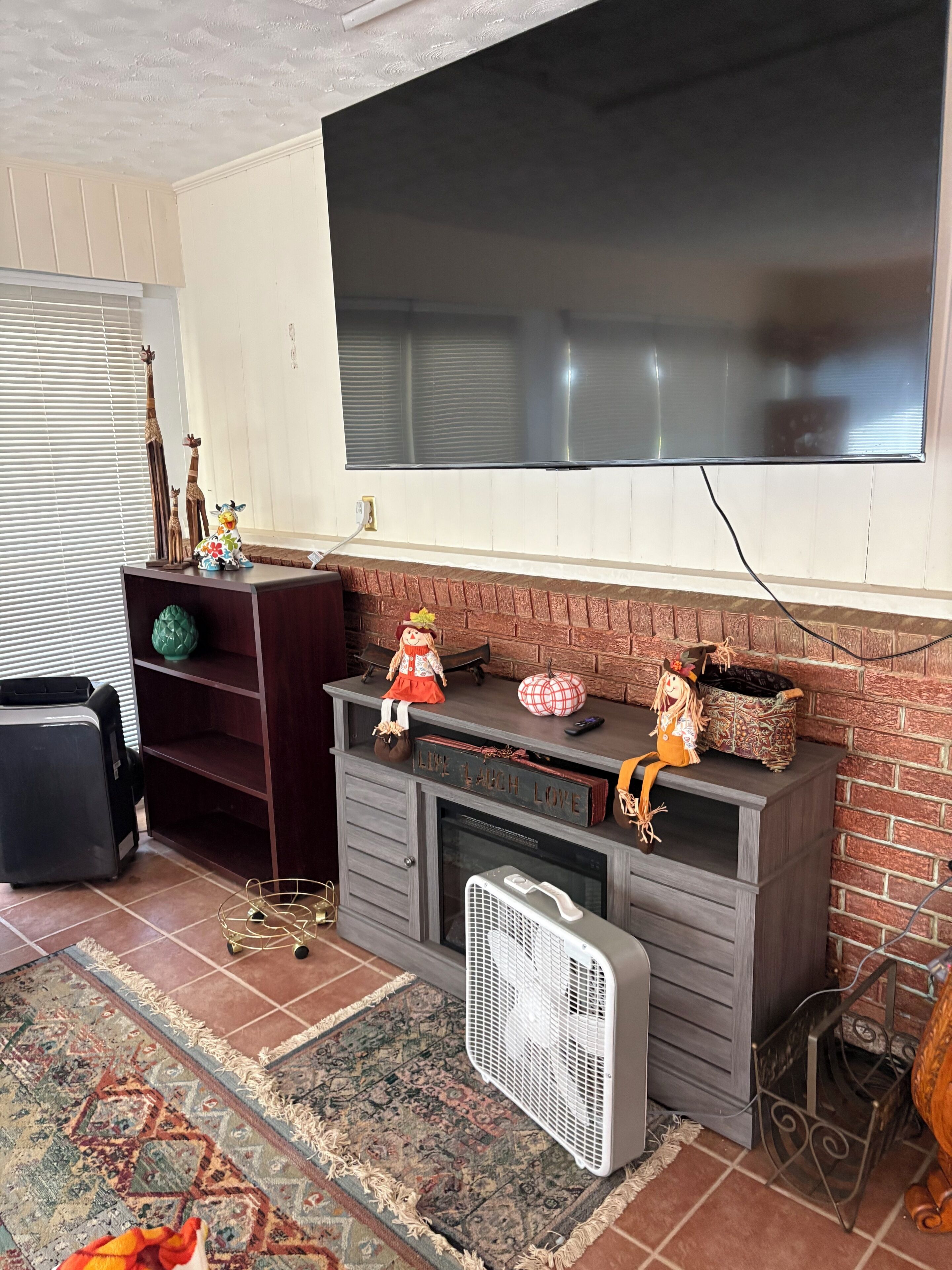 Een woonkamer met een flatscreen televisie aan de muur, een open haard, een boekenplank en een vloerkleed met een patroon.