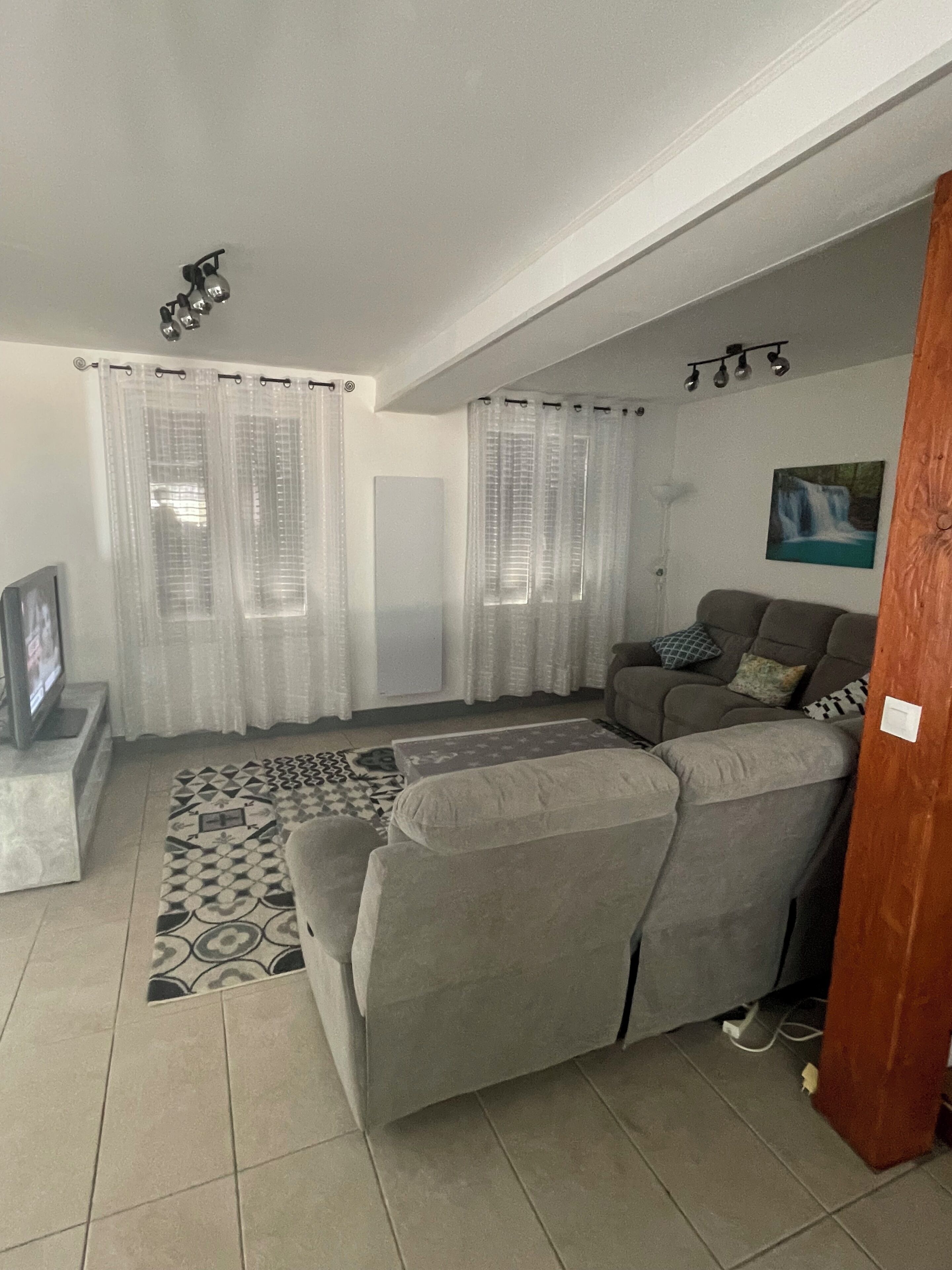 Un salon avec un canapé gris, un téléviseur et un tapis à motifs.