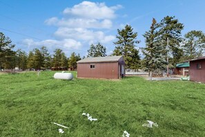 Un champ herbeux avec une petite construction en bois, un objet cylindrique blanc et des arbres en arrière-plan.
