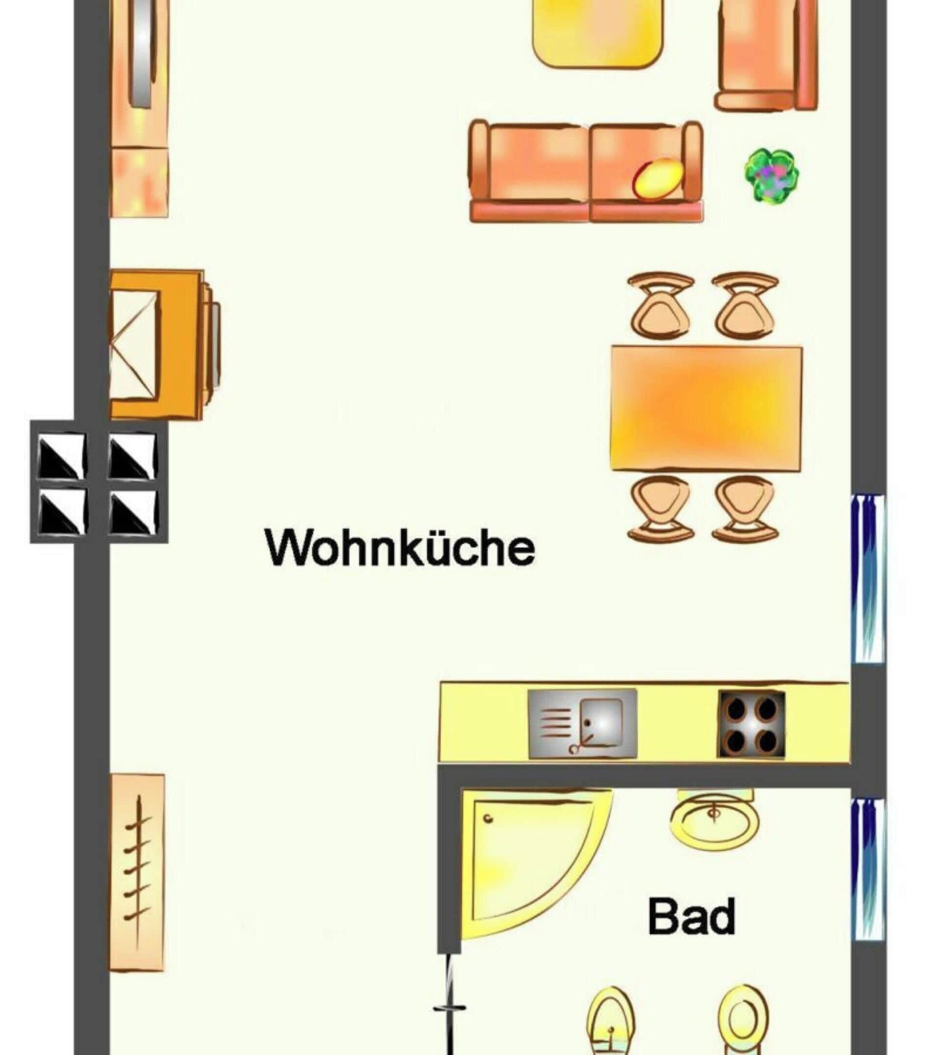 Indeling van een hotelkamer met een bed, een televisie, een bank, een salontafel en een badkamer.