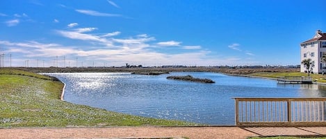 Una propiedad frente al agua con vista despejada, una terraza de madera y un edificio con tejado rojo.