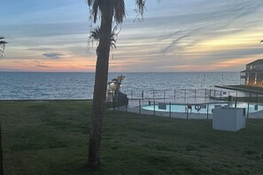 Een zwembad met een hek, een palmboom en uitzicht op zee bij zonsondergang.