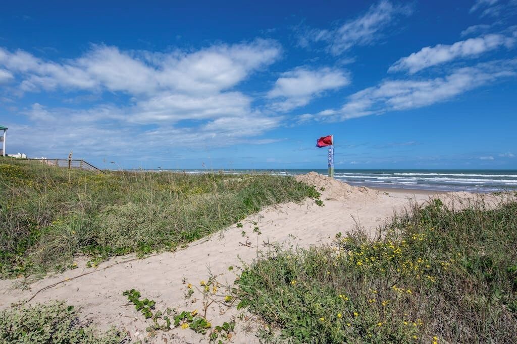 A beach with a flag on a pole, sandy dunes, and a clear sky.