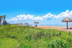 A beach with thatched umbrellas, palm trees, and a clear sky. - Fulton Bliss - Boat Parking, Porch & Dogs OK (Rockport)
