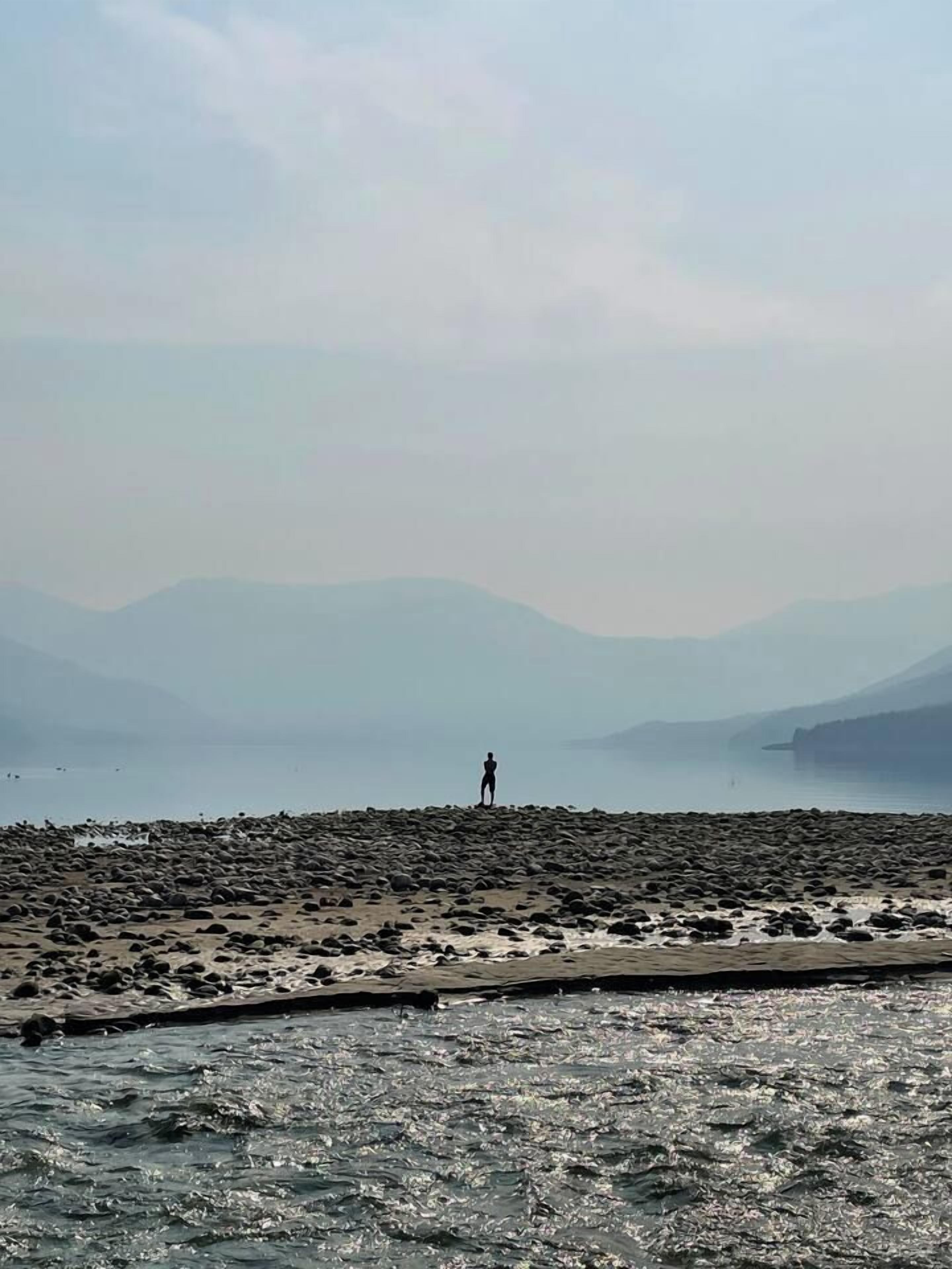 A person standing on a rocky beach with a body of water and mountains in the background.