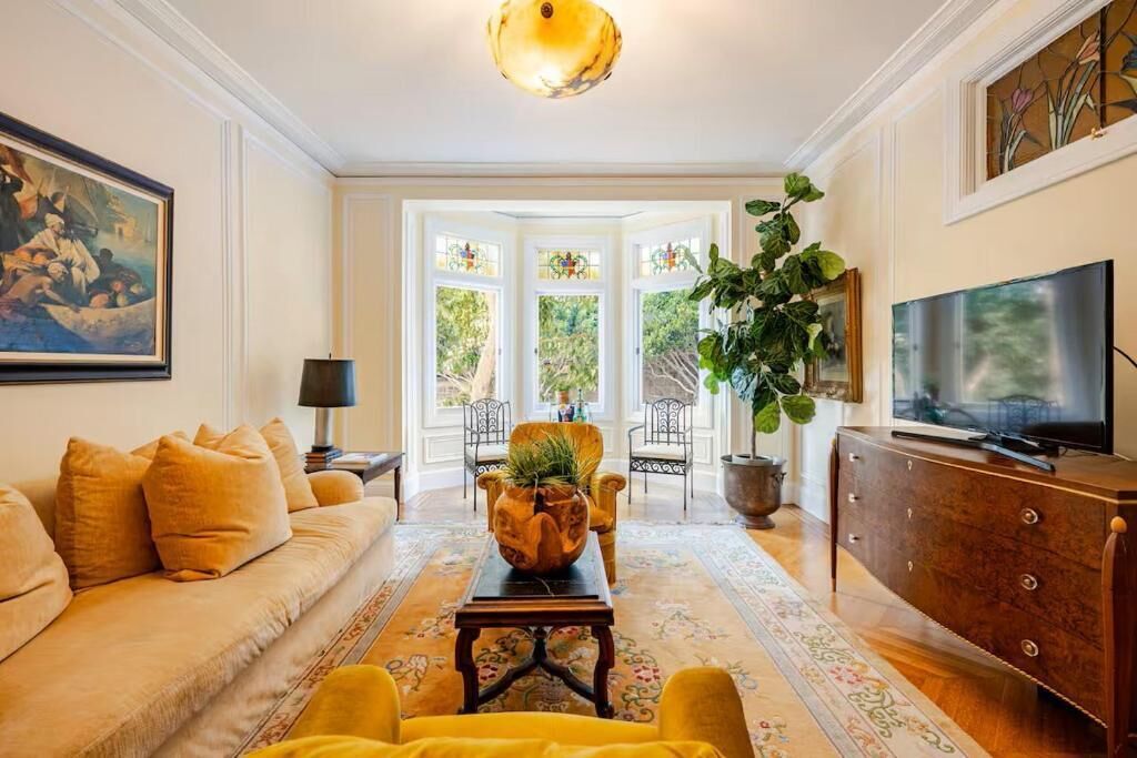 A living room with a sofa, a coffee table, a television, and a large plant.