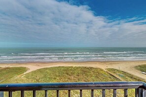 Vue sur la plage depuis un balcon doté d’une balustrade, avec l’océan et des zones herbeuses en arrière-plan.