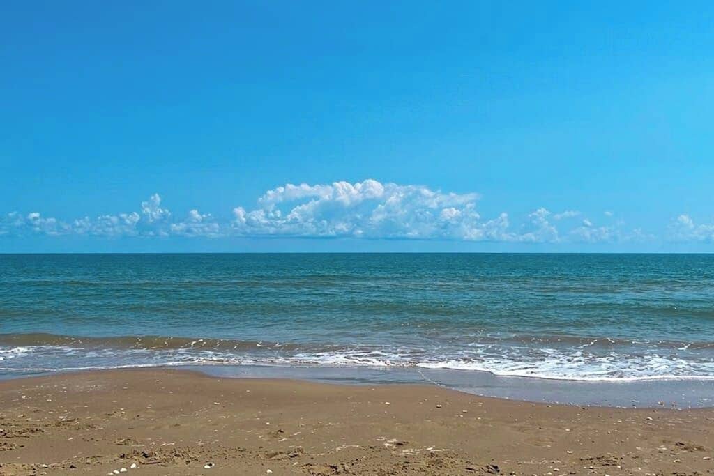A beach with a clear sky and calm sea.