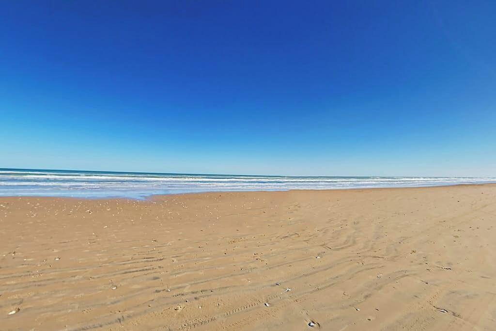Une plage de sable où l’on peut voir des empreintes menant à l’eau.