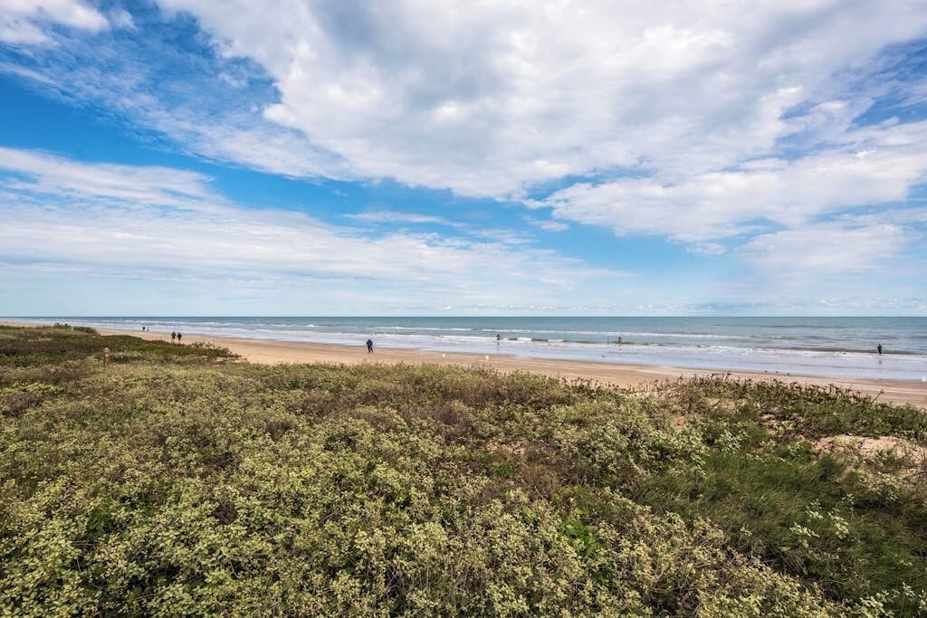 A beach with a clear sky and ocean view.