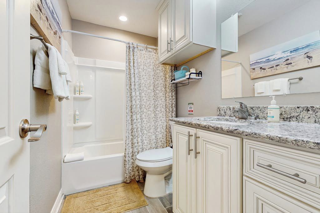 A bathroom with a shower, toilet, and a sink with a mirror above.