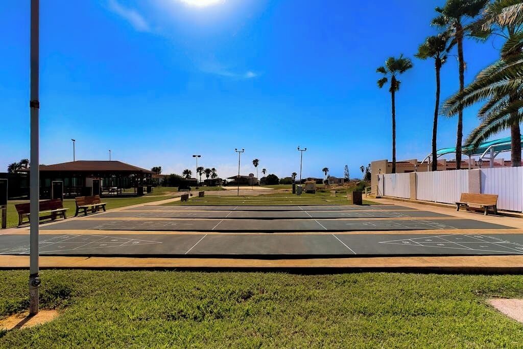 A sunny outdoor area with a paved surface, benches, and palm trees.