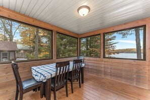A covered outdoor seating area with a table and chairs, large windows, and a ceiling light fixture.