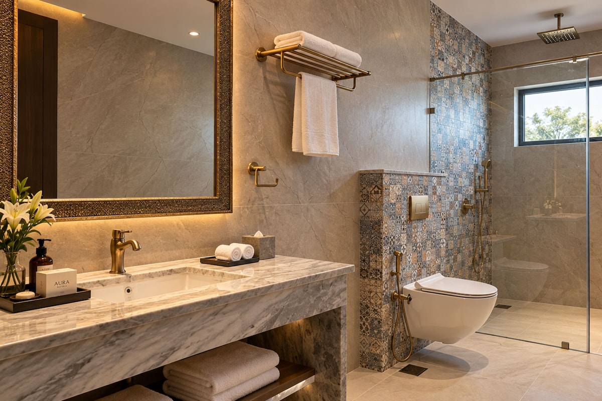 A modern bathroom with a marble vanity, a glass shower enclosure, and a large mirror.