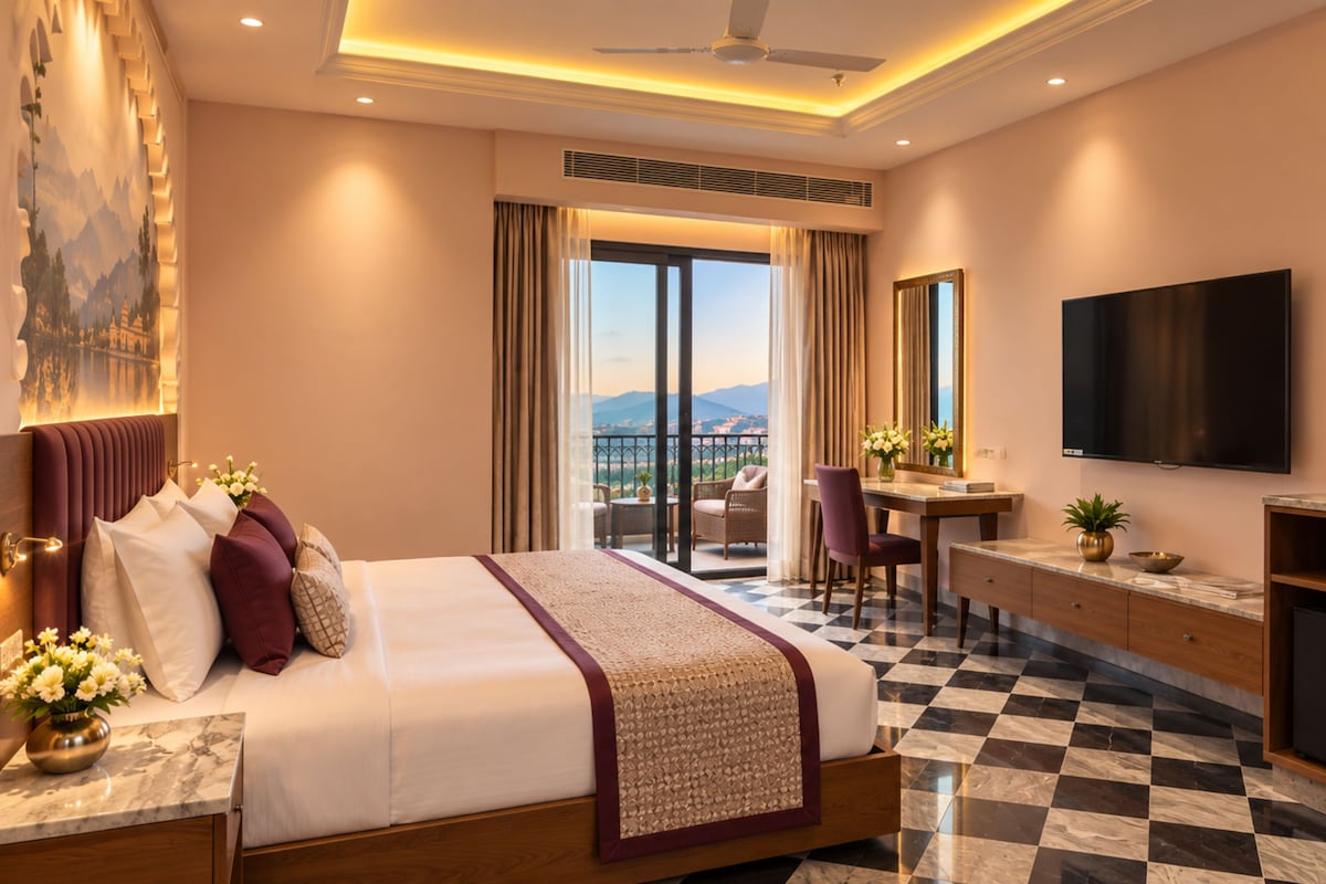 A hotel room with a bed, a desk, a TV, and a view of the mountains.