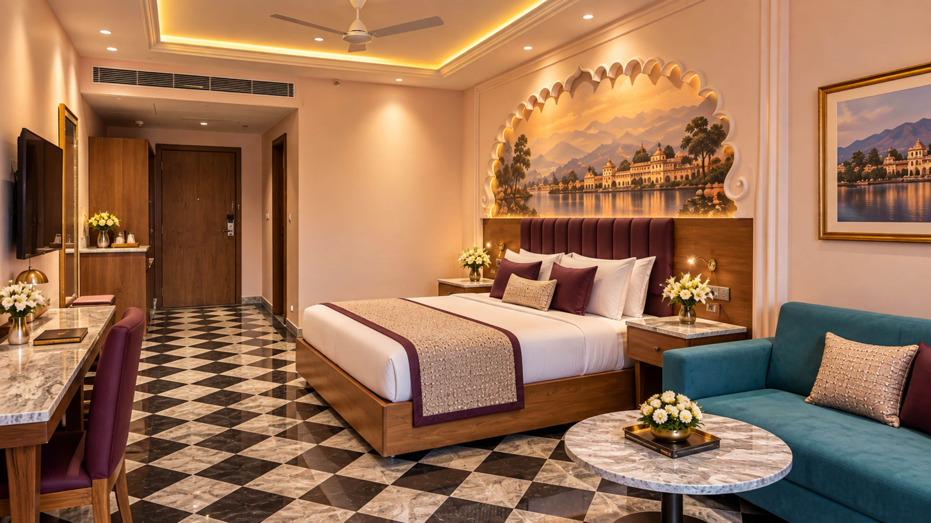 Una habitación de hotel con cama, sofá, mesa de comedor y televisor.
