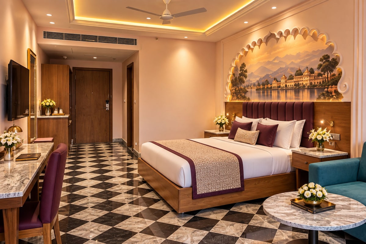 A hotel room with a bed, a sofa, a dining table, and a TV.