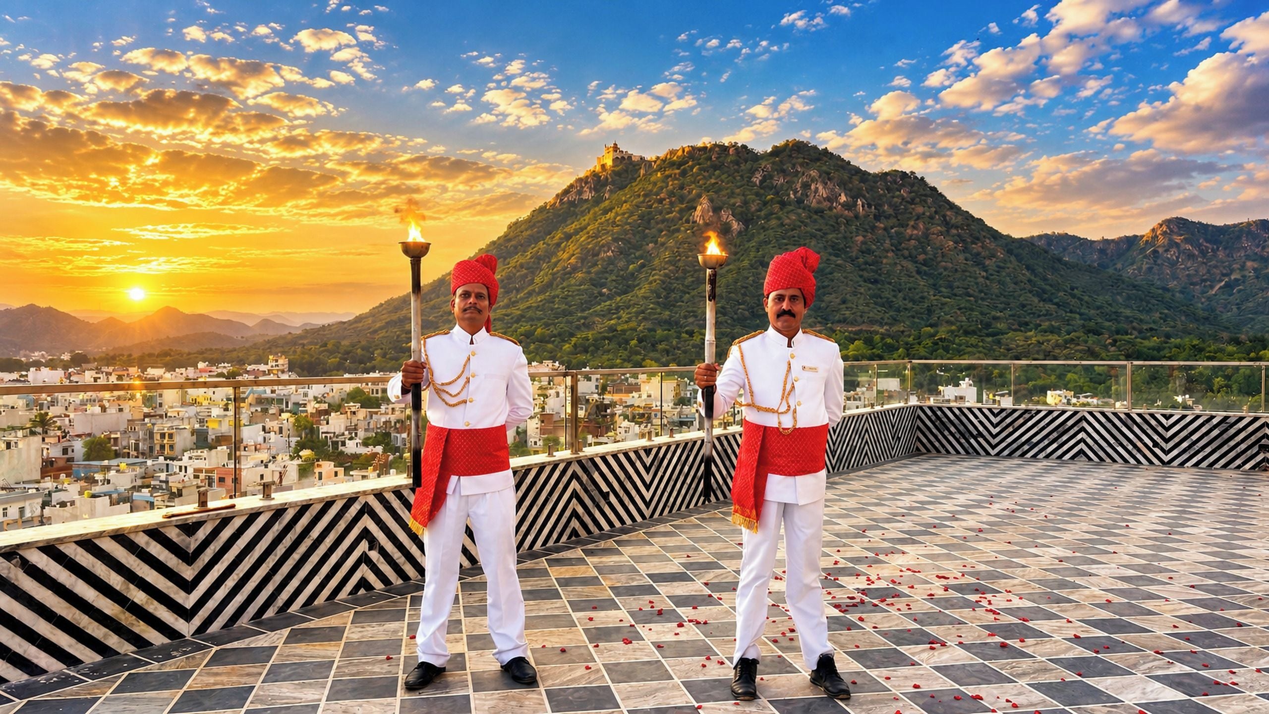 Dos personas sosteniendo antorchas en una azotea, con un paisaje urbano y montañas al fondo.