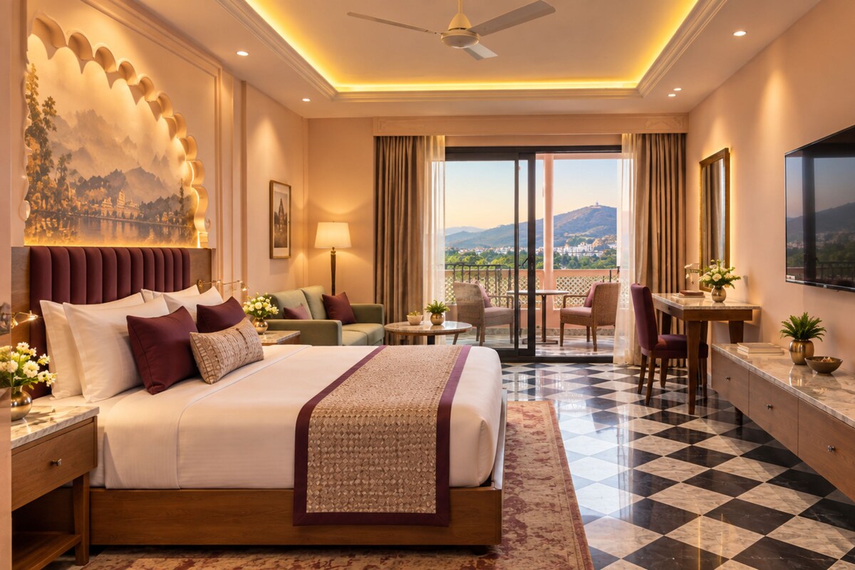 A hotel room with a bed, a desk, a chair, a balcony with a view, and a television.