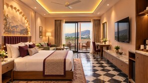 A hotel room with a bed, a desk, a chair, a balcony with a view, and a television.