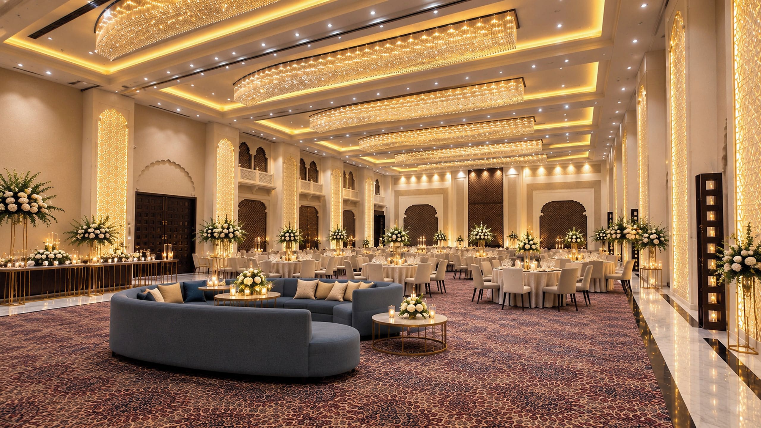 A spacious hotel lobby with a grand chandelier, multiple seating areas, and a patterned carpet.