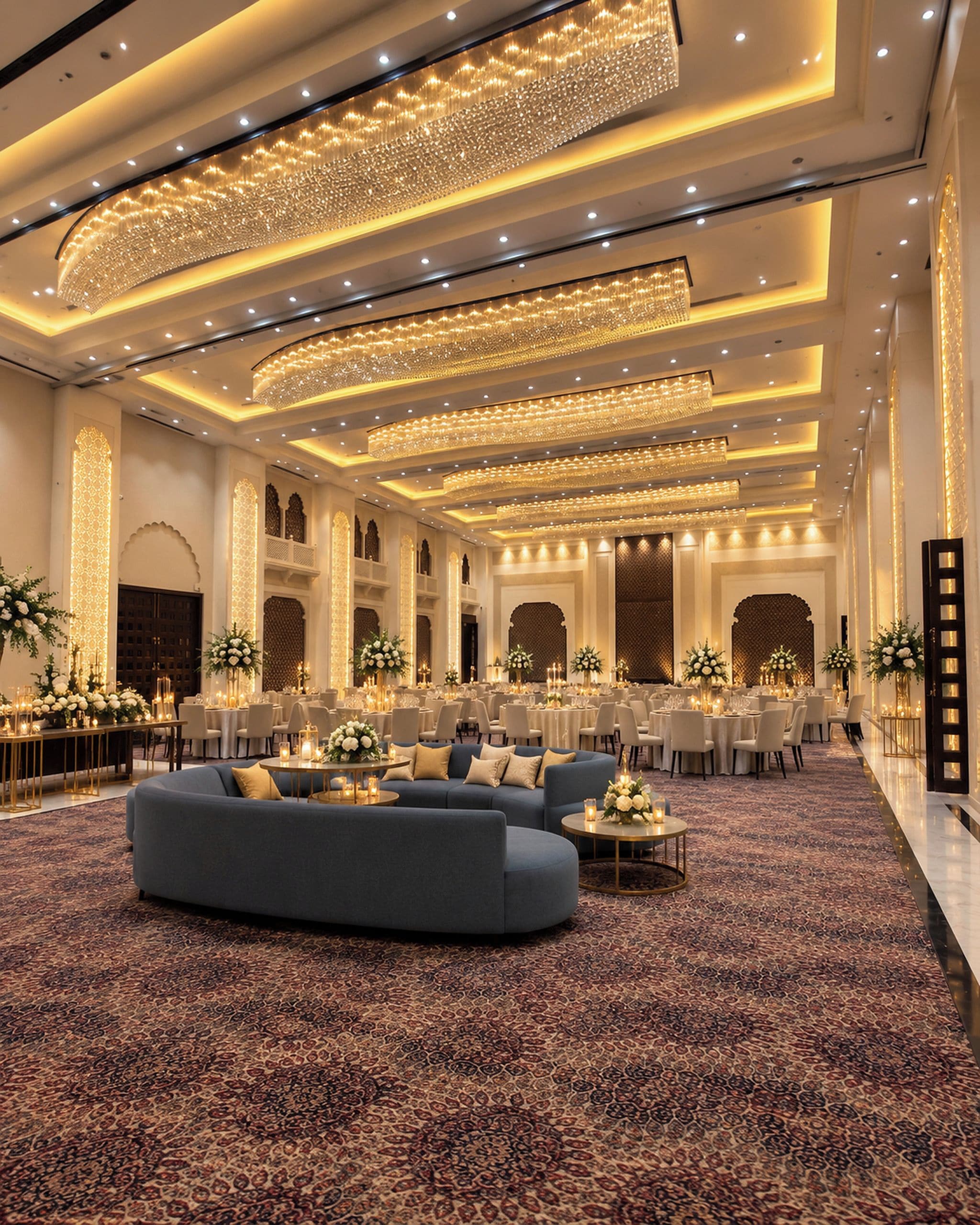 A spacious hotel lobby with a grand chandelier, seating areas, and a patterned carpet.