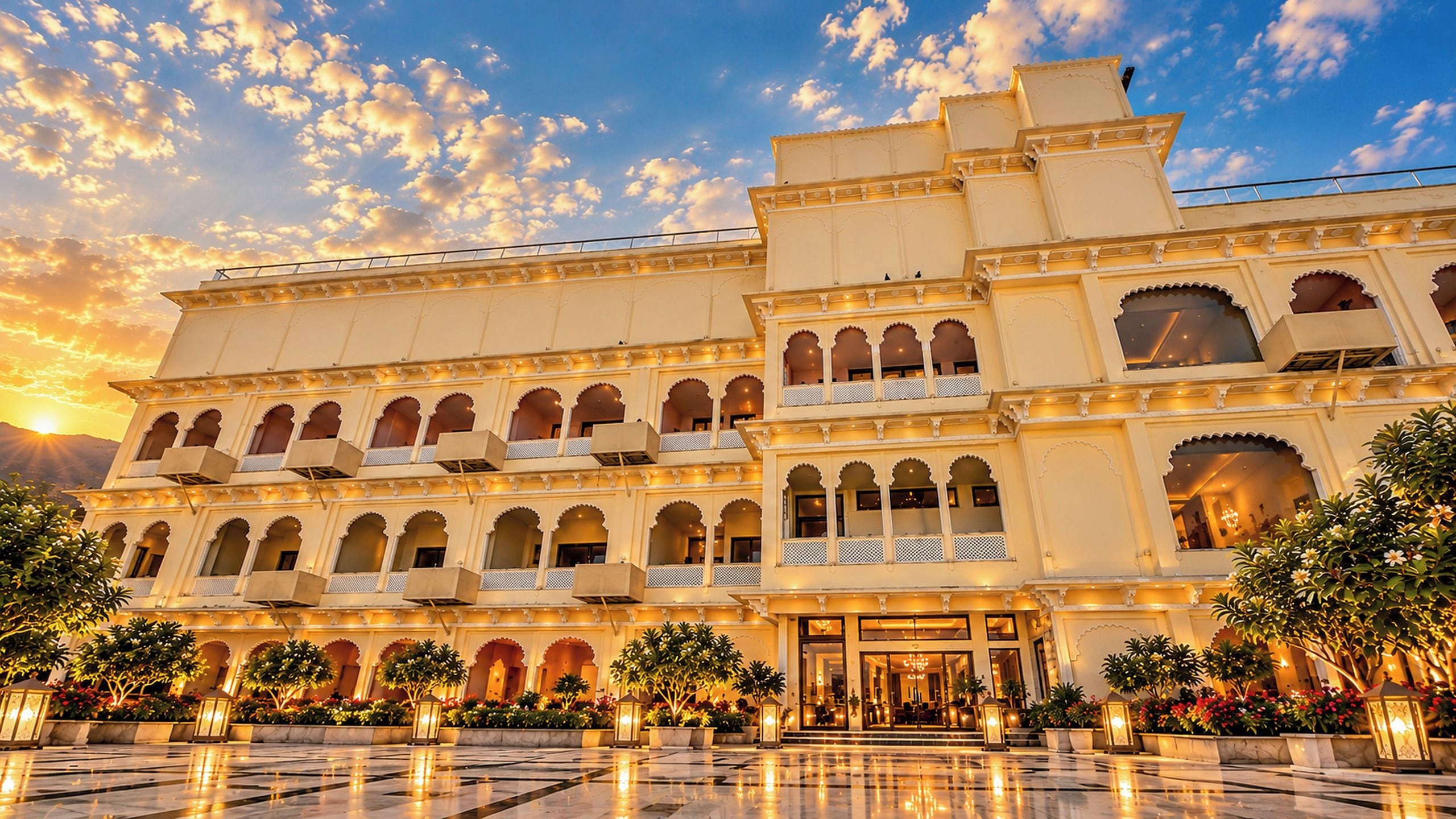 A multi-story building with arched windows and balconies, a reflective courtyard, and a sunset sky.
