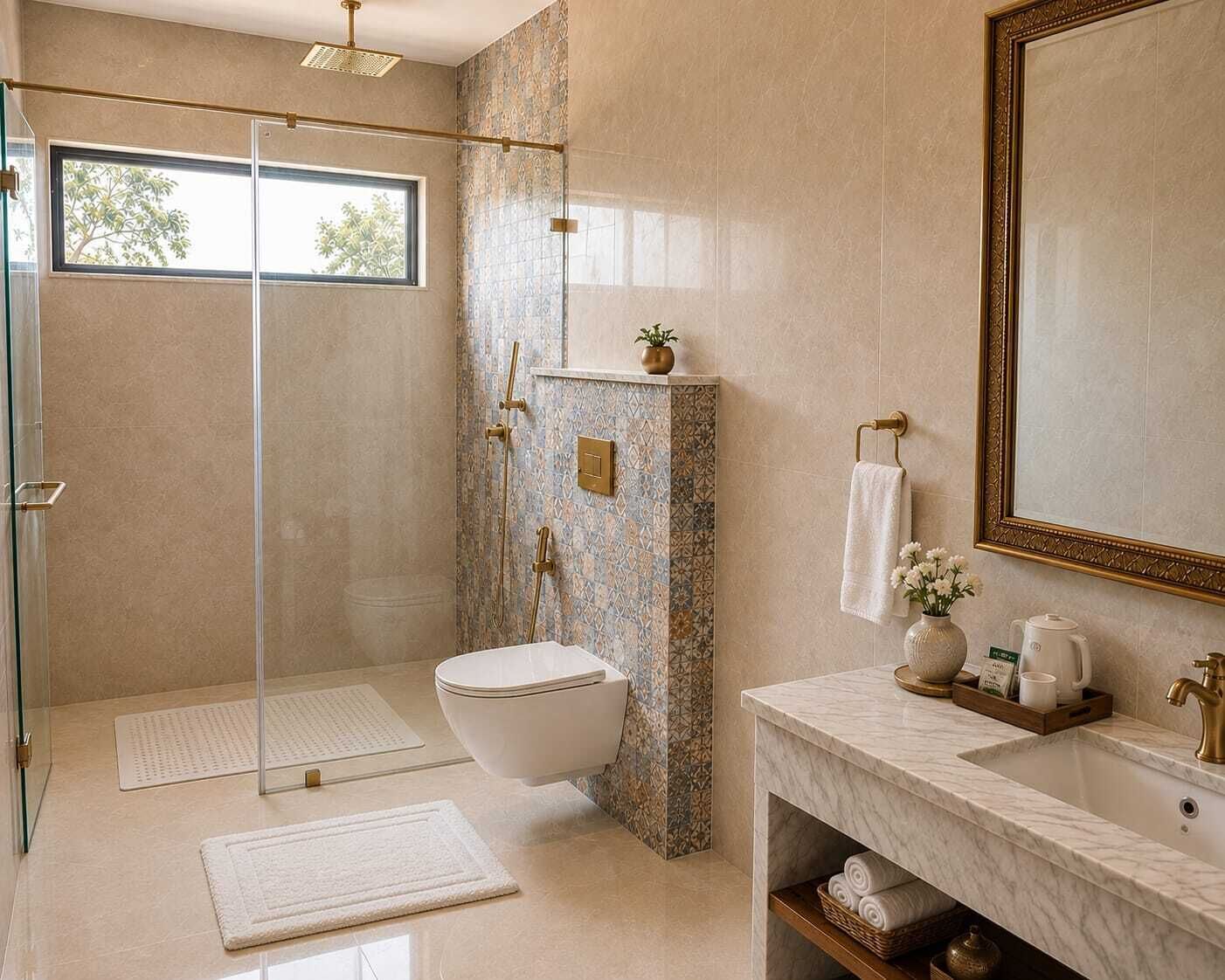Un baño moderno con cabina de ducha de vidrio, inodoro, tocador con espejo y ventana que proporciona luz natural.