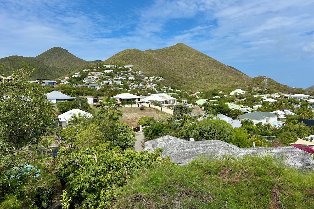 A residential area with houses on a hillside, surrounded by greenery and mountains.