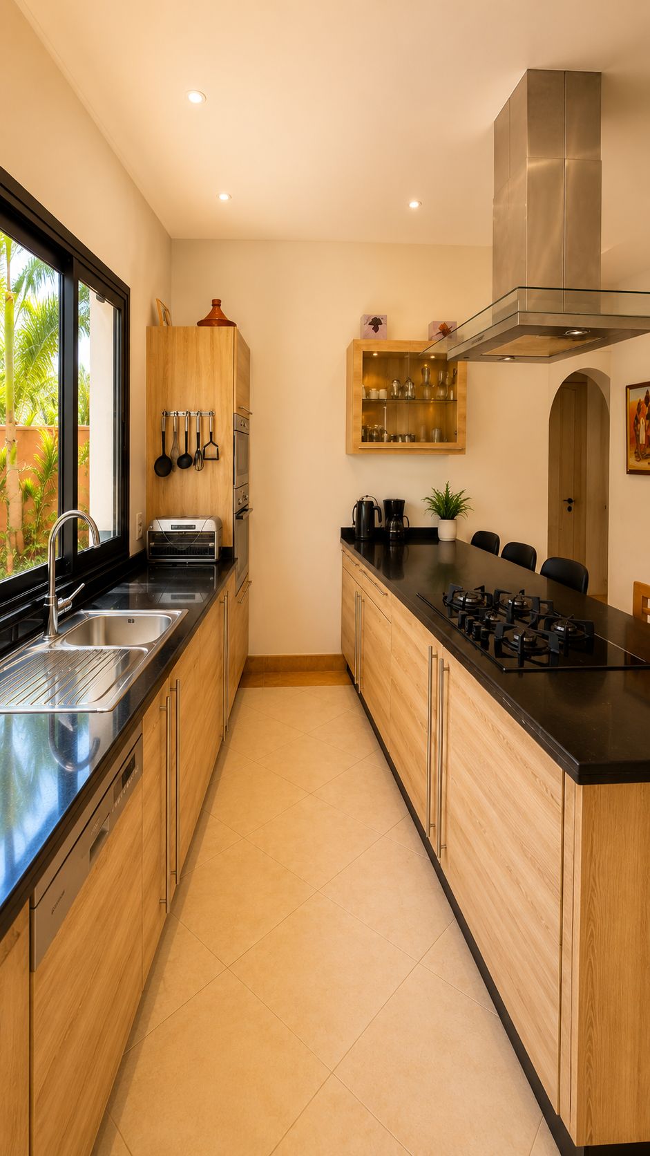 Une cuisine moderne dotée d’un îlot central, d’appareils électroménagers en acier inoxydable et de meubles de rangement en bois.