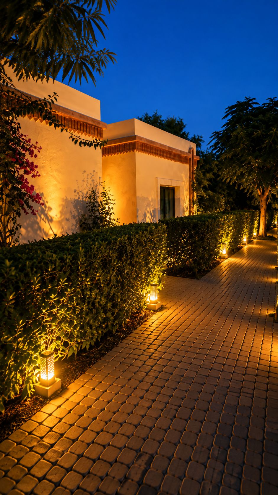 Un chemin pavé mène à un bâtiment doté d’une porte, qui est entouré de verdure et éclairé par des luminaires au sol.
