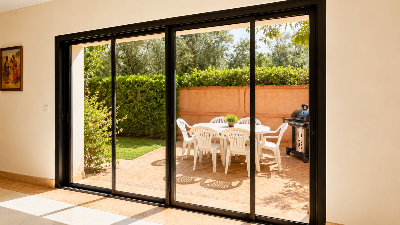 Une pièce dotée d’une porte-fenêtre coulissante donnant sur une terrasse extérieure avec une table et des chaises, un barbecue et une vue sur le jardin.