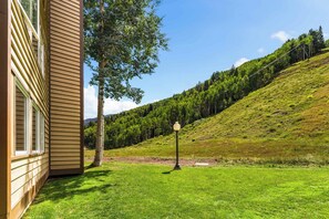 Ein Haus mit einem gepflegten Rasen, einer Straßenlaterne und einer bewaldeten Hügellandschaft im Hintergrund.