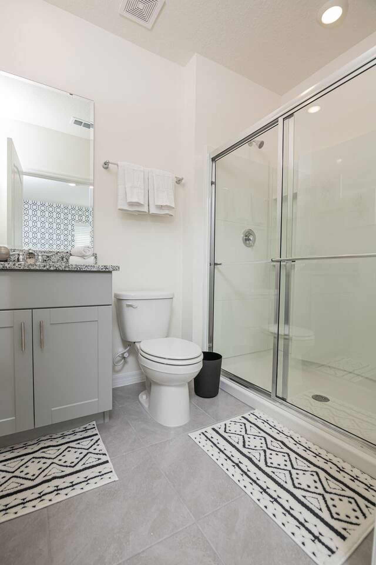 A modern bathroom with a glass shower enclosure, a toilet, and a vanity with a mirror.